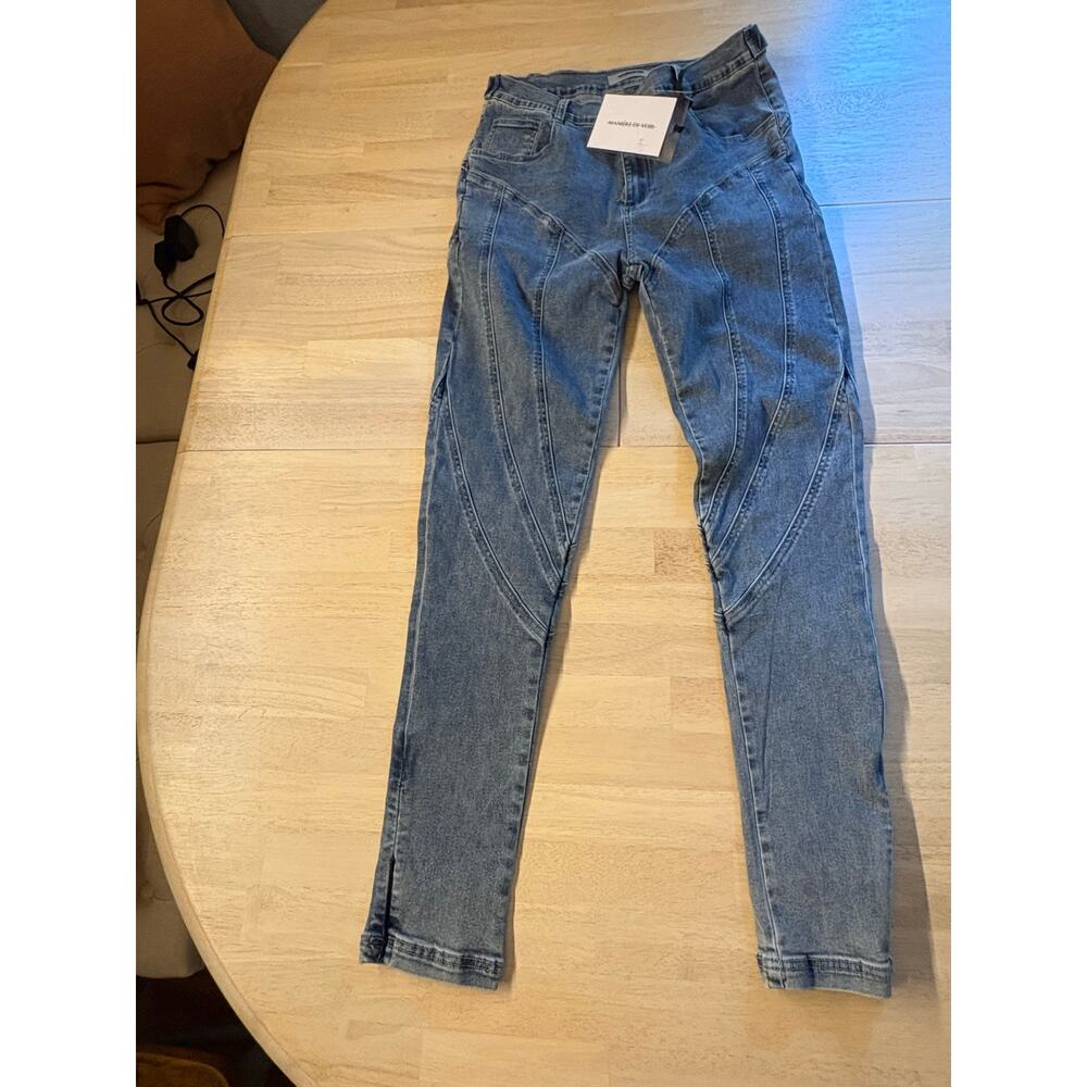 Maniere De Voir Curved Contour Panel Denim Jeans Blue Streetwear Cyber Y2K - Picture 2 of 11